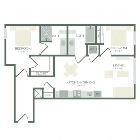 Floor plan for 2 beds, 2 baths, 896 sqft